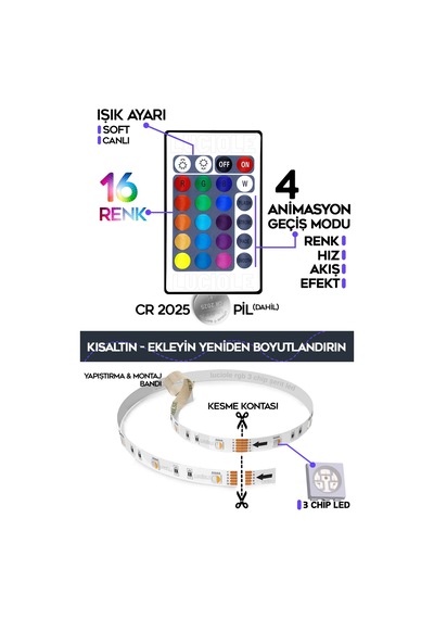 Tv Arkası Yatak Çocuk Odası Mutfak Salon Rgb Şerit Led Uzaktan Kumandalı Tak Çalıştır 1 Metre