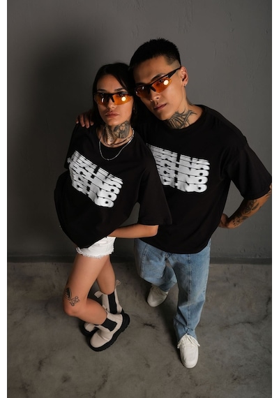 Technomonkey Unisex Siyah Oversize Techno Baskılı Tişört