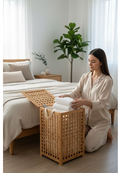 Bambu Çamaşırlık - Kirli Çamaşır Sepeti 45x45x62 Cm. Açık Kahverengi