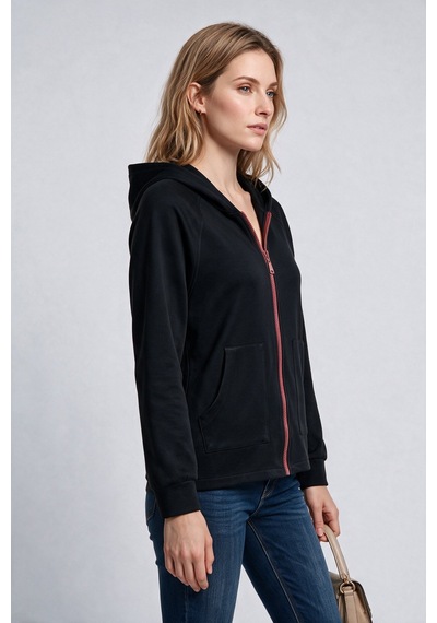 On Kadın Kapüşonlu Tam Fermuarlı Reglan Kol Cepli Sweatshirt Siyah