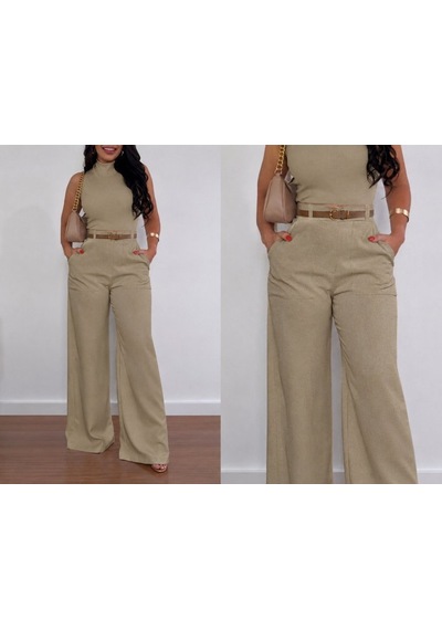 Alyn Wear Kadın Yüksek Bel Geniş Paça Detaylı Cepli Ithal Krep Pantolon Bej