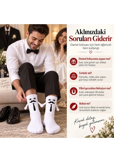 Womanandkids Wak Mıknatıslı Damat Çorabı Erkek Beyaz Bıyık Kravat El Ele Tutuşan Düğün Çeyiz Bohça Eğlenceli Çora