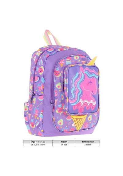 Kaukko Kids Üç Gözlü Kız Çocuk Okul Sırt Çantası Unicorn Detaylı - L5224 Mor - Sarı