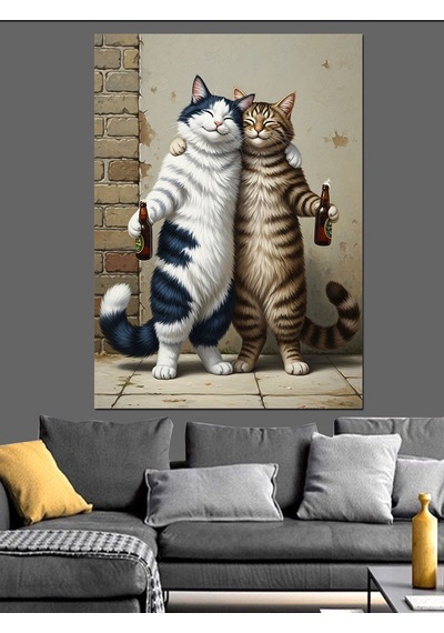 İki Kedi Dostluk İçecek Dekoratif Kanvas - Mdf Ahşap Tablo