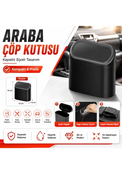 Araba Çöp Kutusu Kapaklı Siyah Araç İçi Pratik Ve Kompakt Çöp Kovası 1