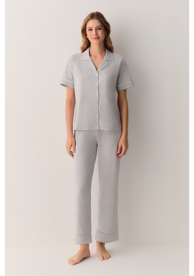 Suwen Pointella Gömlek Yaka Pijama Takımı Sh26622660b964 Gri Melanj