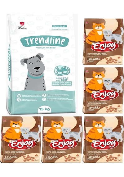 Trendline Dog Biftekli Köpek Maması 15 KG ve  Enjoy Tavuk Etli Yetişkin Kedi Maması 5 x 1 KG