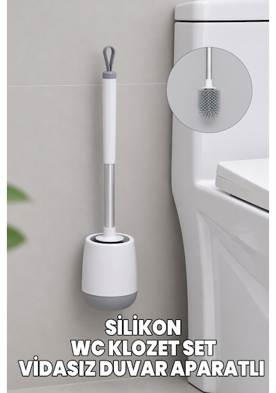 Silikon Klozet Ve Wc Fırçası - Paslanmaz Alüminyum Sap - Vidasız Duvar Askılı Güçlü Yapışkan