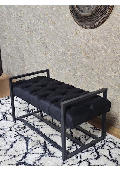 Zafir Siyah Boyalı Metal 80 Cm Puf Bench - Antre Puf - Hol Bench - Puf - Oturak - Bench Siyah