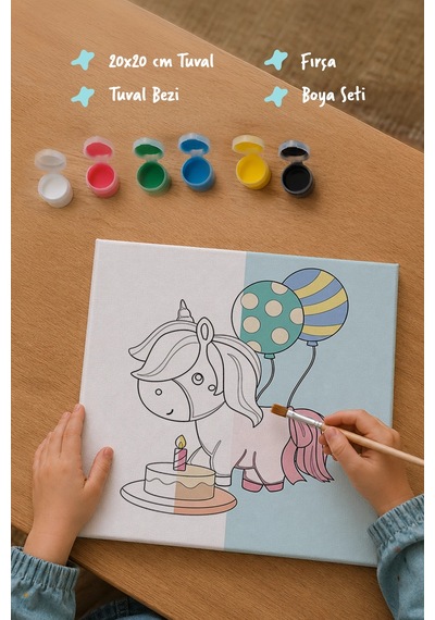 Doğum Günü Unicorn Boyama Tuvali Şövalesiz Boya Seti 20x20