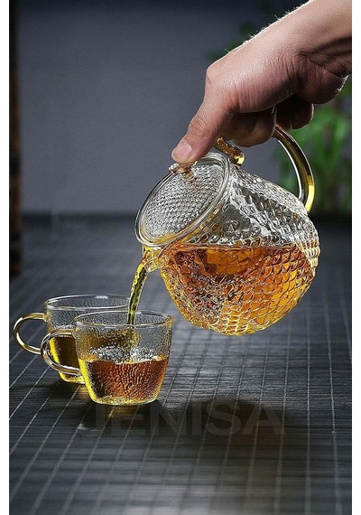 Modern Cam Demlik 550 Ml - Isıya Dayanıklı, Cam Süzgeçli Ve Altın Kulplu Çay Keyfi çok renkli