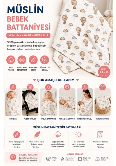 Kız Erkek Bebek Tek Kat Müslin Kundak Battaniye Ponponlu Yazlık Puset Örtüsü Stl7181 Beyaz