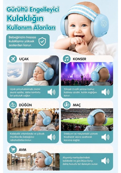Bebek Gürültü Önleyici Kulaklık, İşitme Koruyucu Kulaklığı, Konser, Uçak, Seyahat, Düğün Ve Maç İçin Gürültü Azaltıcı Kulaklığı 0-3 Yaş Mavi