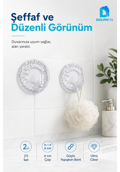 2 Li Şeffaf Yapışkanlı Duvar Askısı 6 Cm Delmeden Montaj -şeffaf