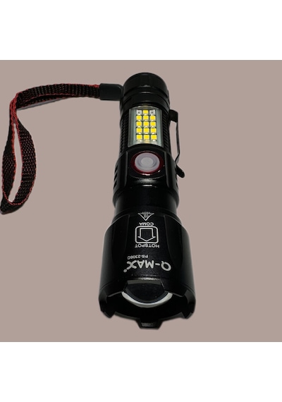 Q-max Ps-2306c Ultra Usb Şarjlı Polis El Feneri, Bekçi, Asker El Feneri Kırmızı Mavi Çakarlı 1000 Lümen Siyah