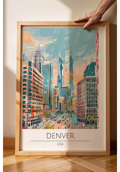 Abd Denver Temalı Çerçeveli Tablo Travel Serisi Modern İllüstrasyon Şehir Duvar Dekoru Kayın