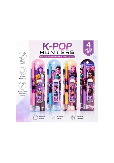 4'lü Sevimli Karakterli Uçlu Kalem Seti 0.7 Mm Yedek Uçlu K-pop K-pop