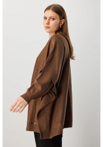 On Fashion Kadın Taş Detaylı Yarasa Kol Kahverengi Kazak 60301 Kahve