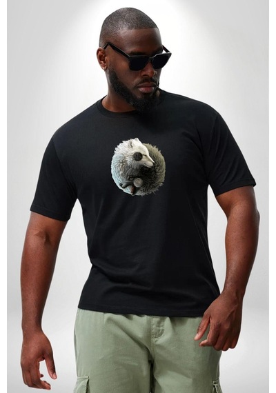 Angemiel Yin İle Yang Beyaz Siyah Kurt Siyah Büyük Beden Erkek Kadın Unisex Basic Ön Baskılı Tişört Siyah