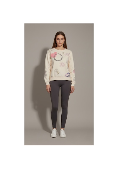 The Kadın %100 Pamuk Baskılı Bisiklet Yaka Sweatshirt 3 İplik Şardonsuz Rahat Kalıp Krem