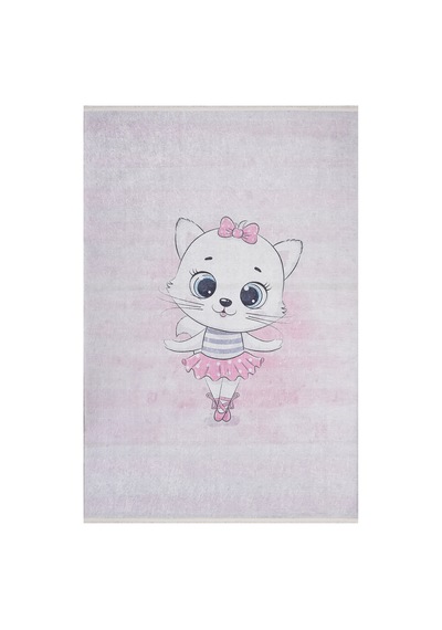 Balerin Kedi Çocuk Odası Halısı Kız Çocuk İçin Yumuşak Kaymaz Yıkanabilir Pembe Pembe