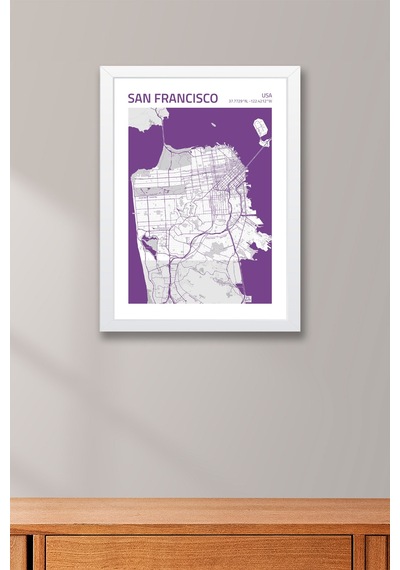 San Francisco Abd Haritası Çerçeveli Tablo Lüks Salon Ofis Duvar Dekorasyonu Hediyelik Tablo Beyaz