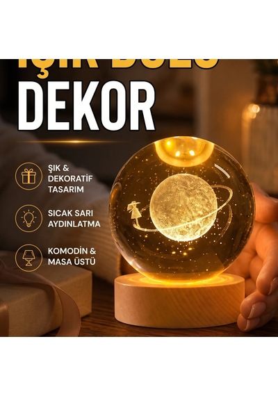 Kız Figürlü Dekoratif Cam Küre Sarı Işıklı Ahşap Standlı Tasarım