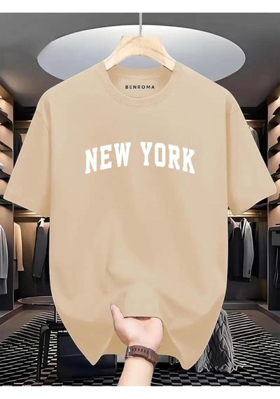 New York Beyaz Baskılı Oversize Tişört Bej