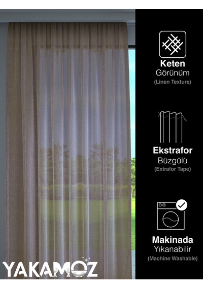 Hasır Rengi Keten Görünümlü Ekstraforlu Tül Perde Linen Touch Serisi Hasır Rengi