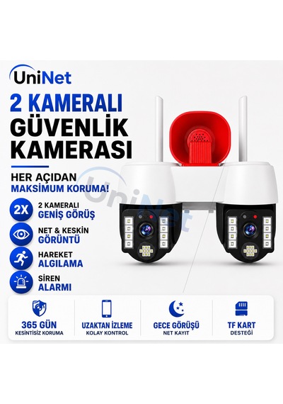 Uninet 8mp Çift Kameralı Döner Başlıklı Wifi Yönü Elle Ayarlanabilir Güvenlik Kamerası 10x Dijital Zoom Pır Insan Algılama Ve Siren