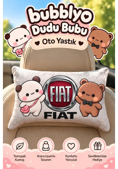 Bubblyo Fiat Temalı Dekoratif Oto Yastığı Sevimli Çift Tasarım Beyaz Beyaz