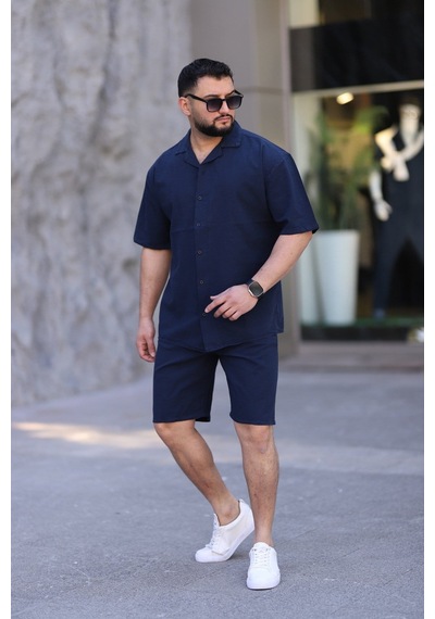 Çağla Yeşili Renk Gömlek Şort Erkek Keten Takım Oversize Kalıp Lacivert