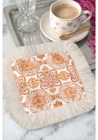 Barok Motifli Saçaklı Sunum Peçetesi - Retro Esintili Turuncu Bej Tasarımlı Bardak Altlığı Mendil Gece Toz Mavi