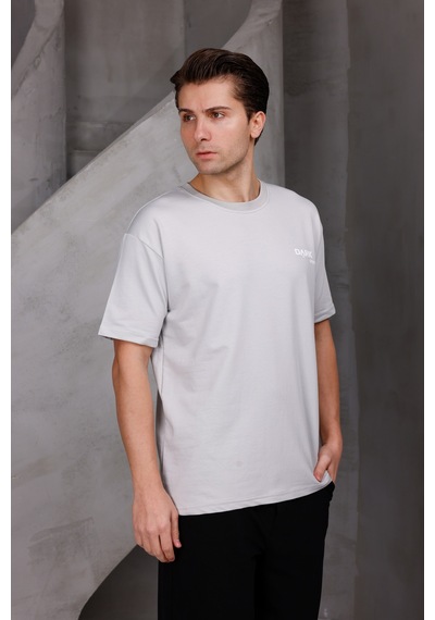 Erkek Baskılı Oversize Bisiklet Yaka 2 İki İplik Kompakt T-shirt Ekru