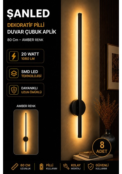 Dekoratif 20w İç Mekan Siyah Kasa Amber Işık Rengi 80 Cm Duvar Aplik Pilli 8 Adet