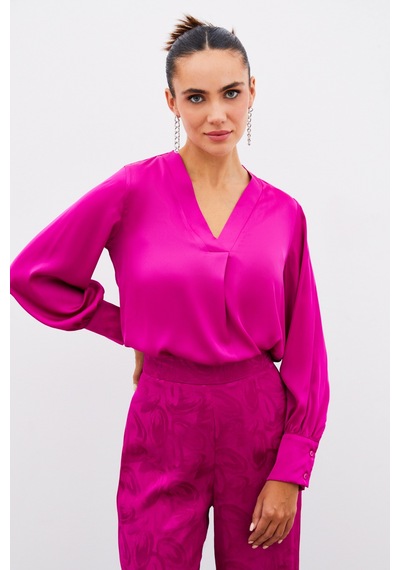 Sateen V Yaka Saten Bluz - Fusya-134905 Fusya Fuşya