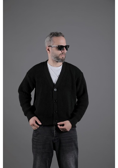 Dokulu Oversize Erkek Kalın Hırka Siyah