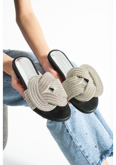 Dabab Shoes Lumıry Siyah Kadın Taşlı Düğümlü Bantlı Düz Işıltılı Terlik