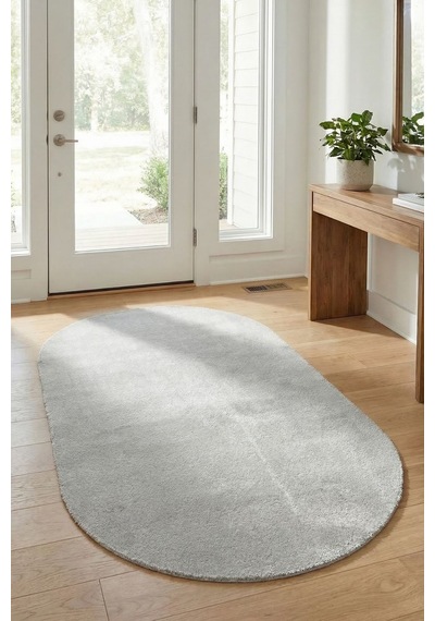 Oval Puffy Yumuşak Peluş Halı , Kaymaz, Yıkanabilir, Antre, Hol, Mutfak, Makyaj Masası Önü Halısı Gri