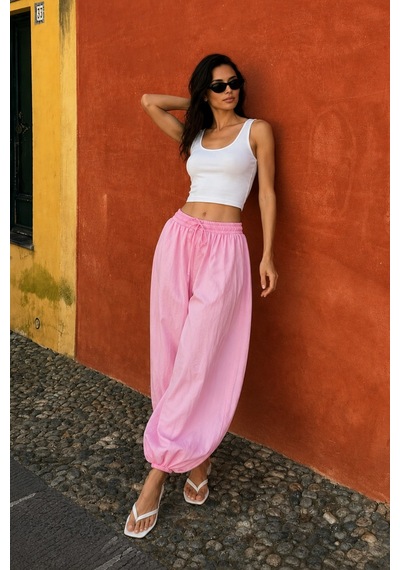 Dokuma Pembe Beli Bağcıklı Paçası Lastikli Balon Pantolon Sh390 S