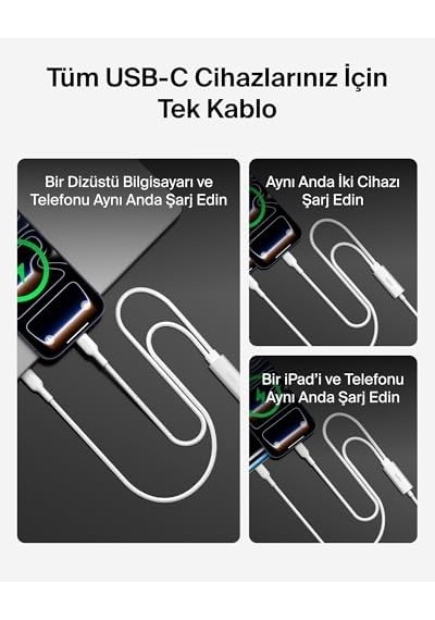 Pro 2 Si 1 Arada 140 W Usb-c - Usb-c Şarj Kablosu, Örgülü Çift Şarj Kablosu, Akıllı Güç Paylaşımı İle Hızlı Şarj, Macbook, İphone, İpad, , Pixel Ve Daha Fazlası İçin, Beyaz