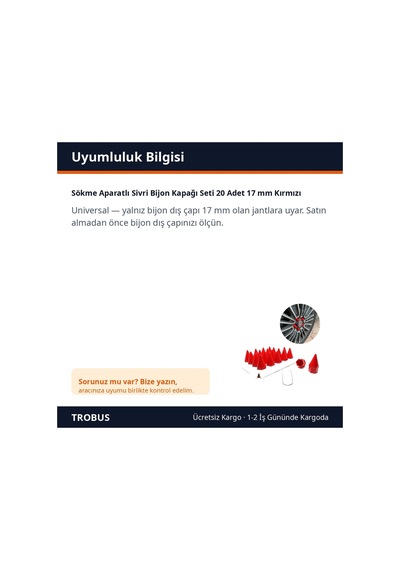 Trobus Sökme Aparatlı Sivri Bijon Kapağı Seti 20 Adet 17 Mm Kırmızı