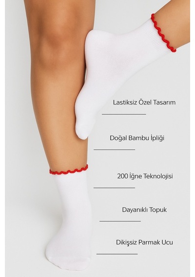 Bamboo Star Bambu Kadın Kırmızı Fırfırlı Lastiksiz Dikişsiz Kadın Soket 3lü Beyaz Çorap/iz Bırakmazsıkmayançorap Kırmızı - Beyaz