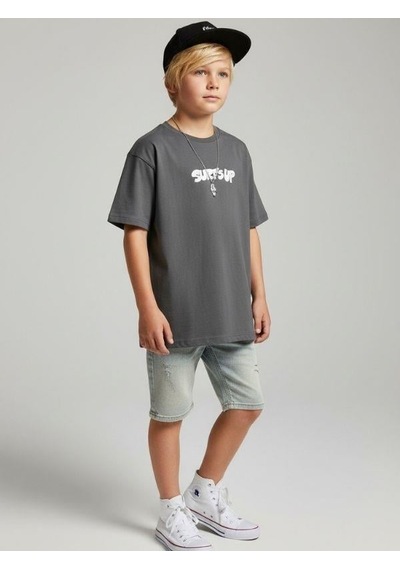 Zekids Erkek Çocuk Pamuklu Sırt Baskılı Kısa Kollu Tasarım T-shirt-16866 Gri