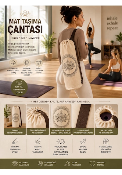 Yoga Mat Taşıma Çantası Hayat Ağacı Lotus Namaste Desenli Hambez Kanvas 70x21 Cm Kahverengi