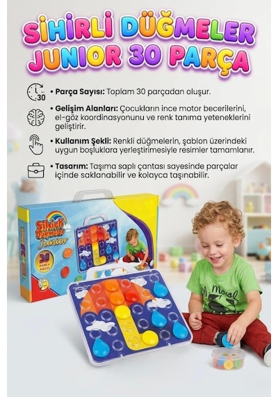 Sihirli Düğmeler Junior - 30 Parça Eğitici Düğme Yerleştirme Oyunu - Motor Gelişim Destekli Set