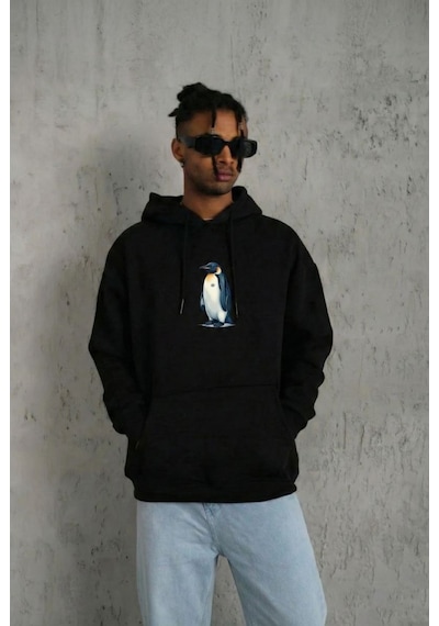 Erkek Survivor Penguin Baskılı 3 İplik Pamuklu Kapüşonlu Sweatshirt Hoodie Siyah