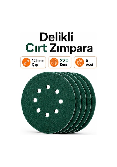 5 Adet Delikli Yeşil 125 Mm Cırt Zımpara 220 Kum Kaporta Boya Duvar Metal Mobilya Cila Parlatma