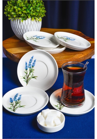 Heda Porselen Lavanta 6'lı Porselen Çay Tabağı Seti Kırık Beyaz