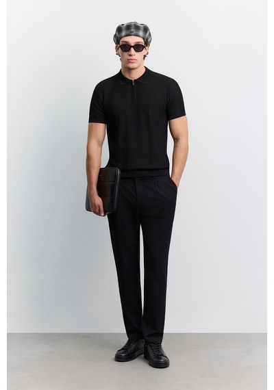 Avva Erkek Siyah Polo Yaka Fermuarlı Kolay Ütülenen Kırışmaz Regular Fit Triko T-shirt A62y5007